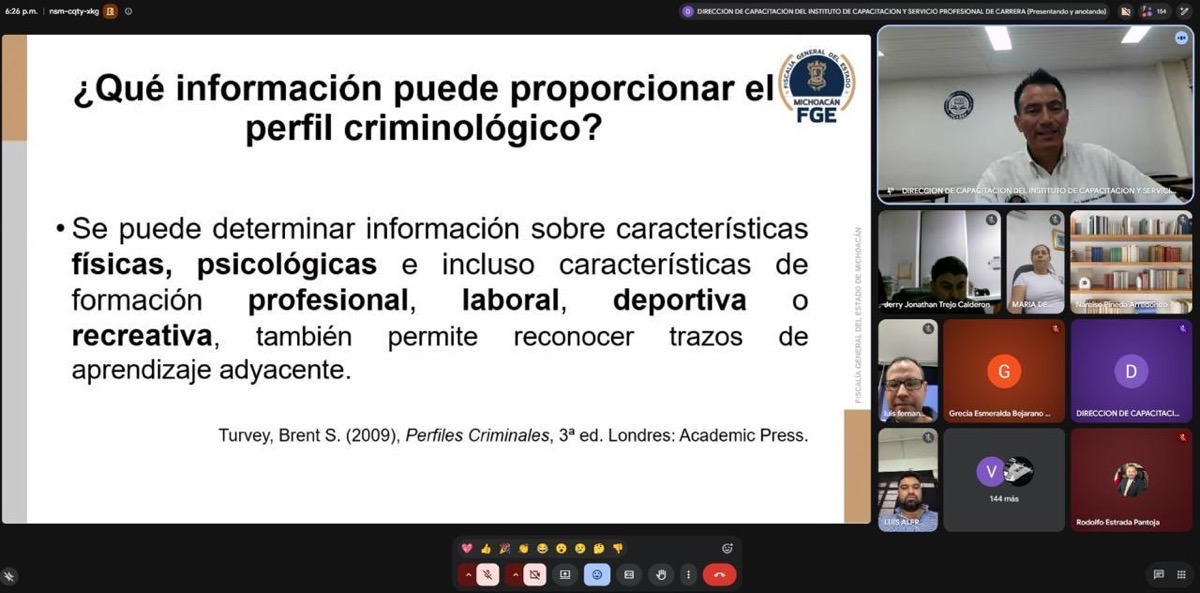 Videollamada de capacitación de la FGE Michoacán sobre elaboración de perfiles criminológicos.