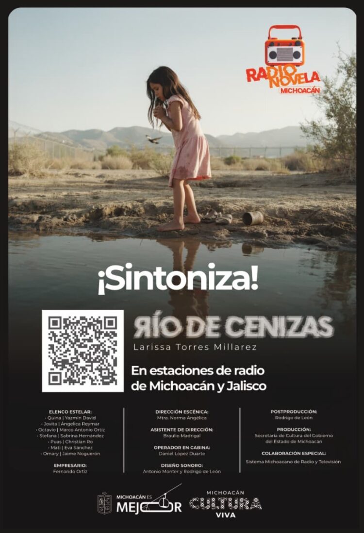 Niña junto a un charco en paisaje árido para la radionovela Río de cenizas en Michoacán.