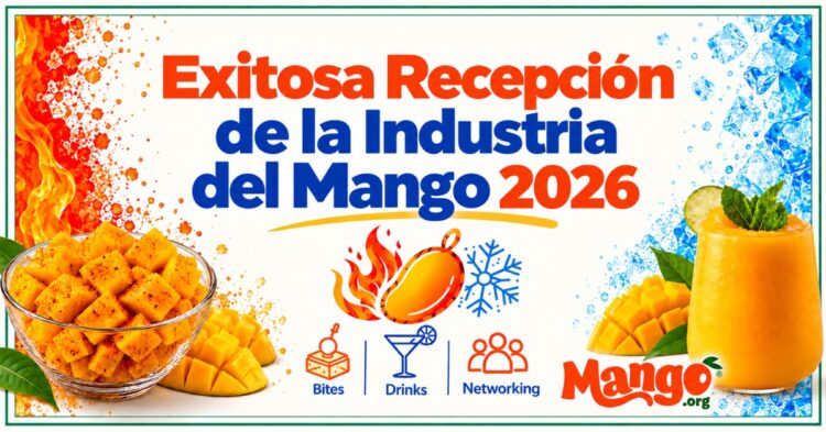 Cartel de la Recepción de la Industria del Mango 2026 con mangos frescos y batido en ICEBAR Orlando