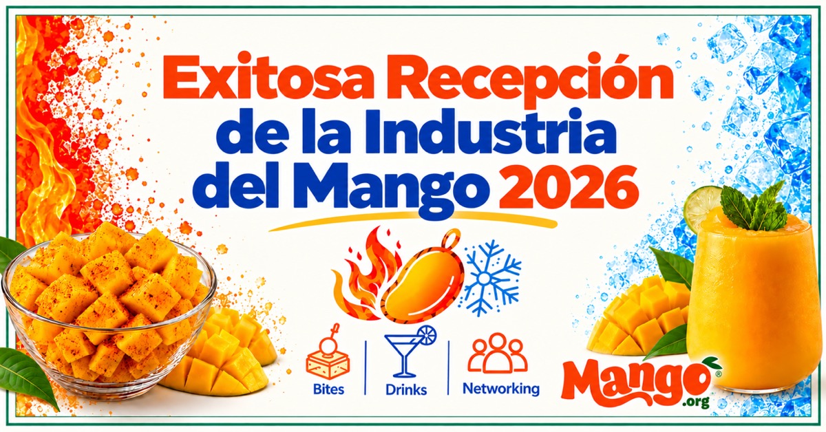 Cartel de la Recepción de la Industria del Mango 2026 con mangos frescos y batido en ICEBAR Orlando