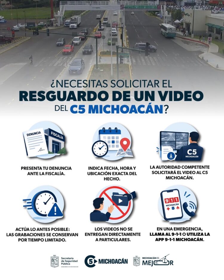 Un cartel informativo explica el procedimiento para solicitar el resguardo de un video del C5 Michoacán con ilustraciones y texto.