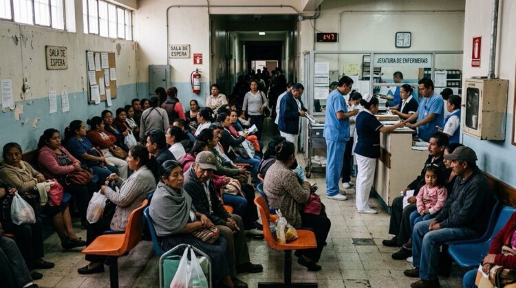 Una sala de espera de hospital llena de personas sentadas, con personal médico atendiendo en un mostrador.
