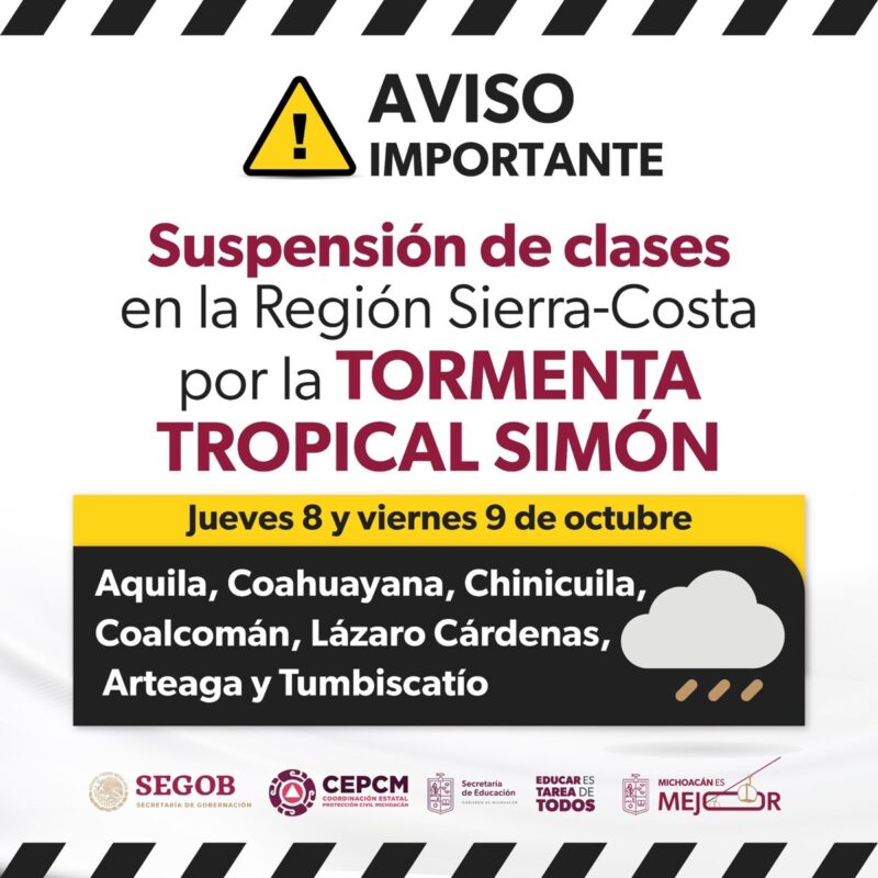 Aviso gráfico sobre la suspensión de clases en la Región Sierra-Costa por la tormenta tropical Simón los días 8 y 9 de octubre.