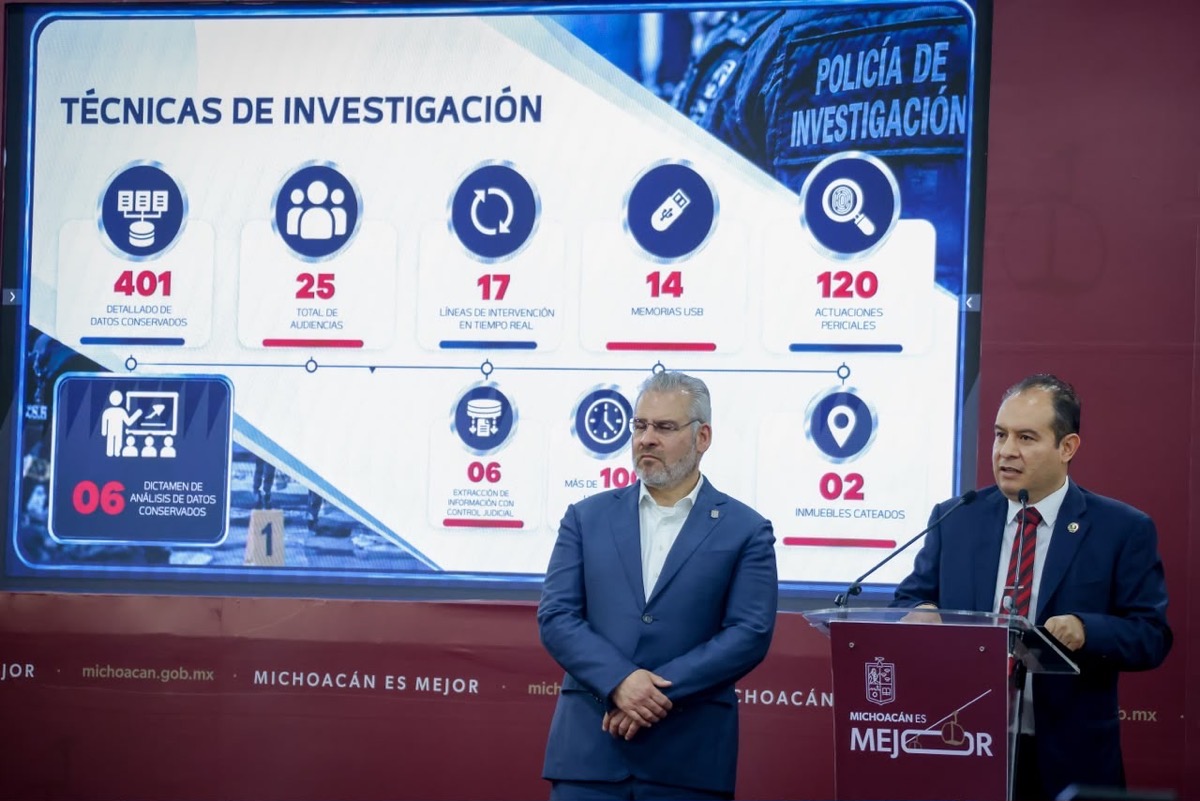 Autoridades de Michoacán presentan avances en investigaciones de homicidios durante conferencia de prensa.