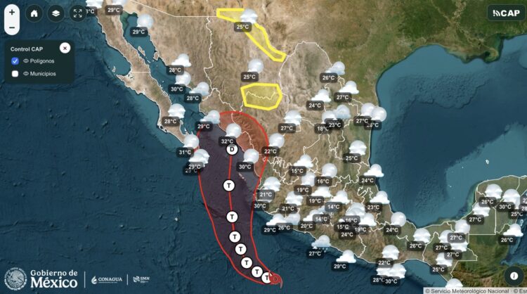 Mapa meteorológico de México que muestra temperaturas, lluvias y la trayectoria de una tormenta tropical en el Pacífico.