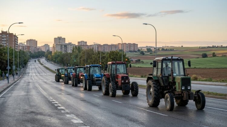 Una fila de tractores circula por una avenida vacía con edificios y campos al fondo.