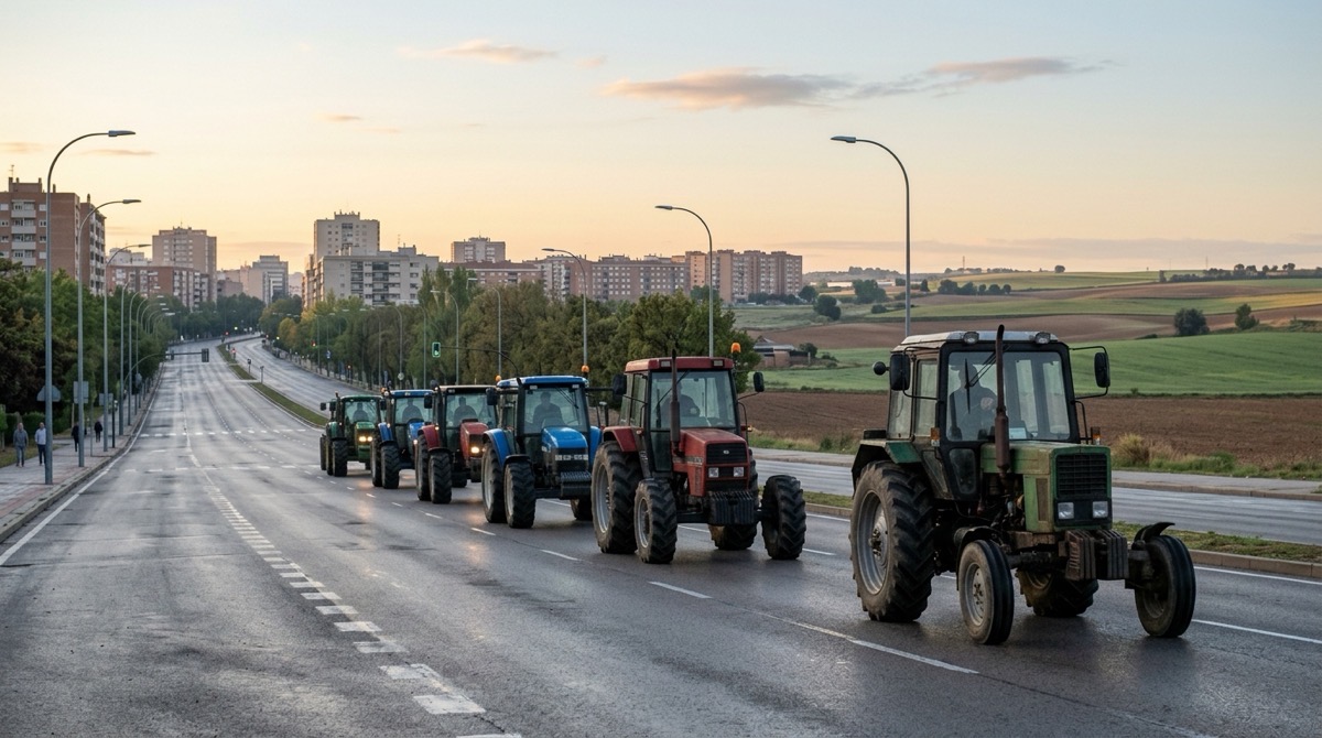 Una fila de tractores circula por una avenida vacía con edificios y campos al fondo.