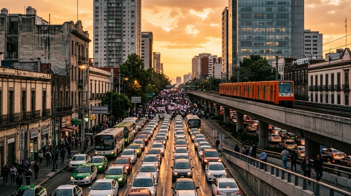 Tráfico intenso y marcha en el centro de Ciudad de México con tren del Metro al atardecer