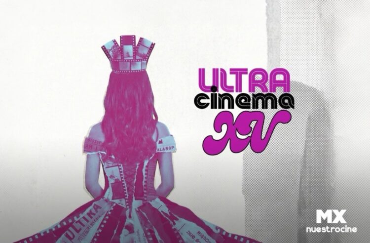 Una persona de espaldas con un vestido y una corona hechos de tiras de película, junto al texto “Ultra Cinema XV”.