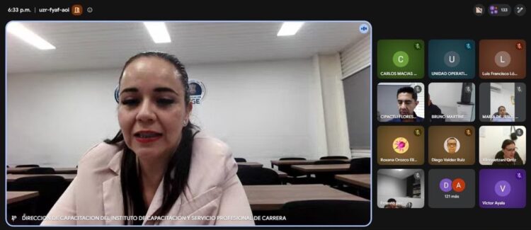 Una mujer habla en una videollamada, mientras varios participantes aparecen en pequeñas ventanas al lado derecho de la pantalla.